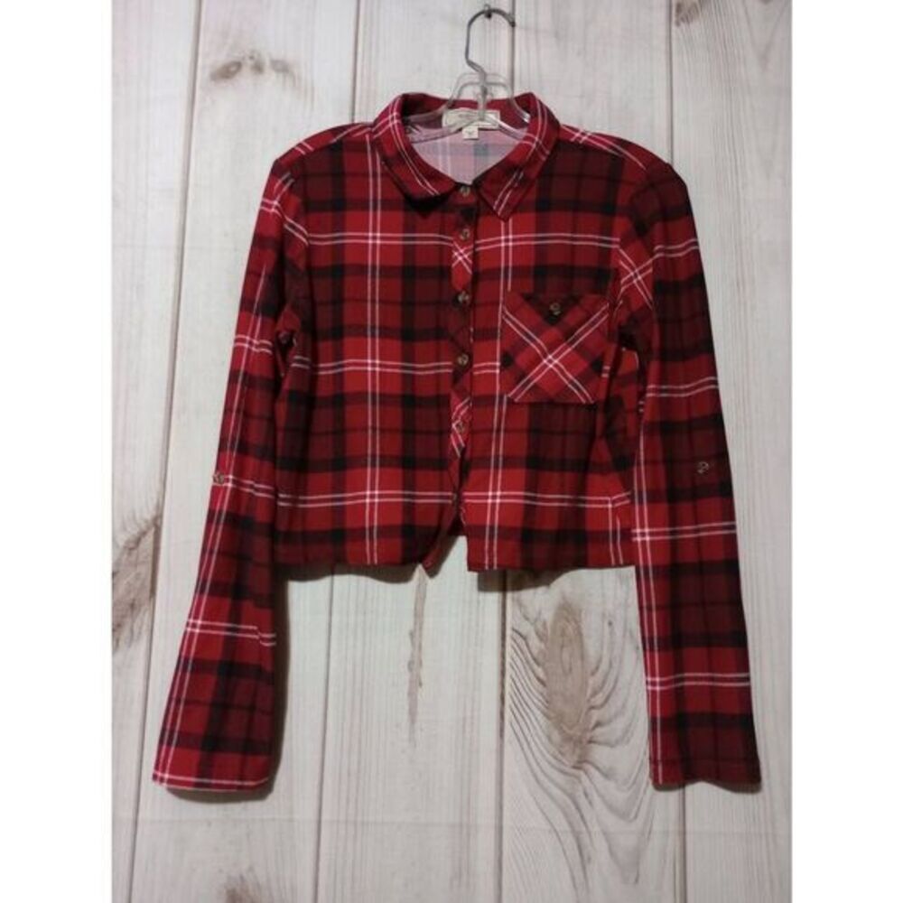 No Comment Red Black Plaid Cropped Button Up Shirt Women's Size Medium
